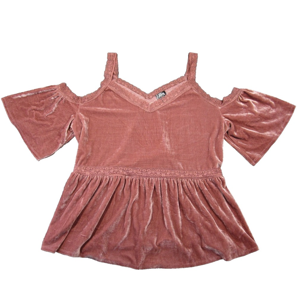 City Streets Velvet Cold Shoulder Top 1X Mauve Lace Peplum Ruffle Romantic Boho